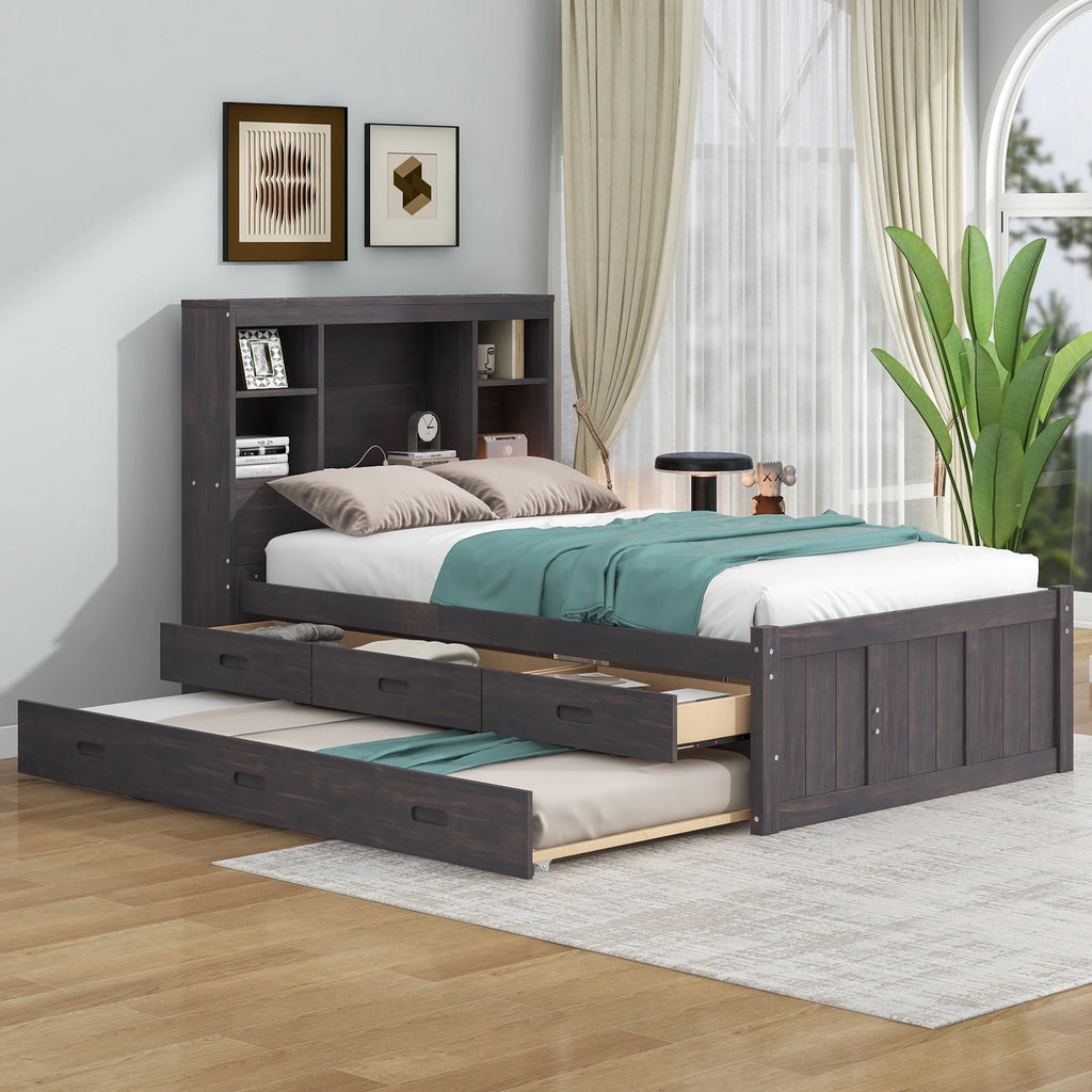 Twin Size Wood Platform Bed with Storage Headboard and Trundle V636762