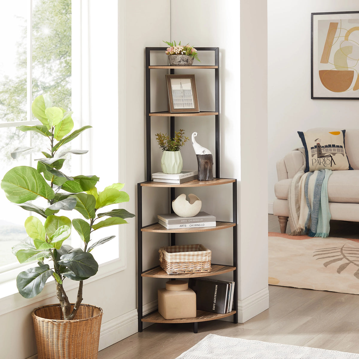 6-Tier Corner Wood Bookcase Rustic Brown E943