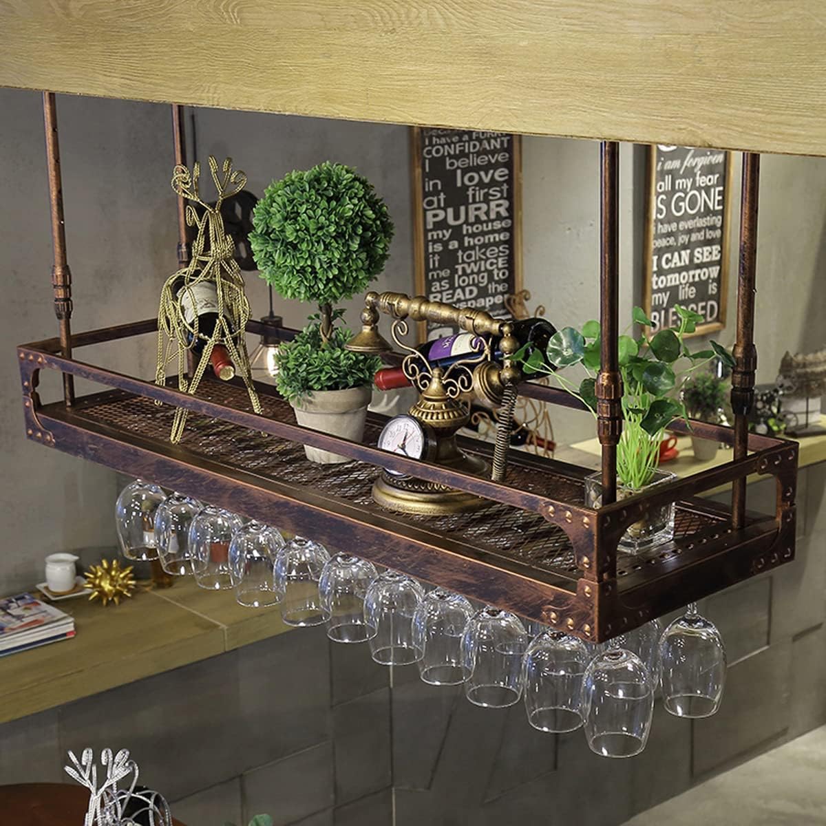 Coppery Bronze Metal Wall-Mounted Wine Glass Rack, 60x35cm U118