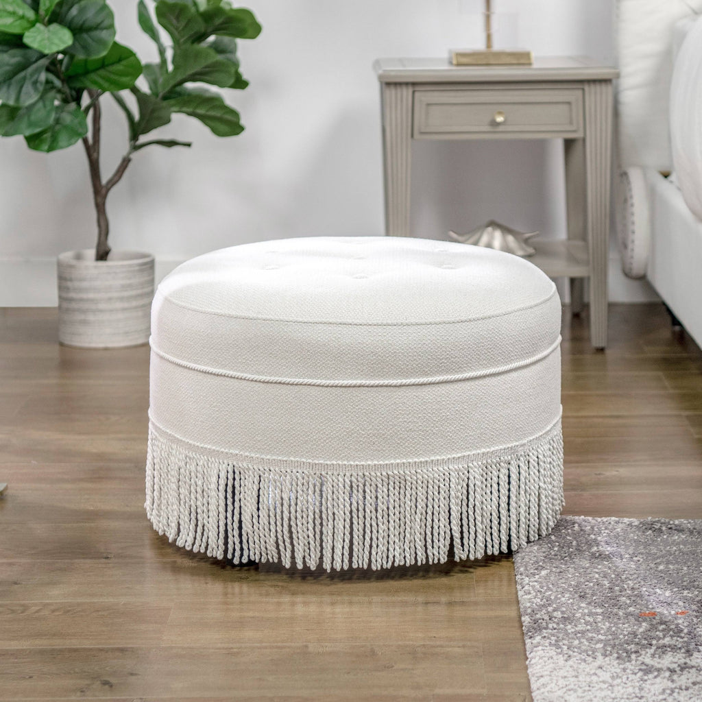 Off White Tufted Round Ottoman O287003