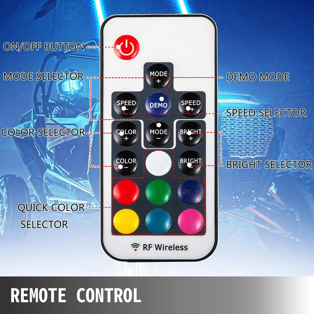 2PC 5FT 360° Spiral LED Whip Lights RGB Color Lighted Whips Antenna Weatherproof RF Wireless Remote A56235