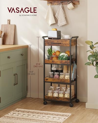 4-Tier Rolling Utility Cart with Table Top, Handles, Lockable Casters, Top Drawer, Mesh Shelves, Rustic Brown and Ink Black G685513