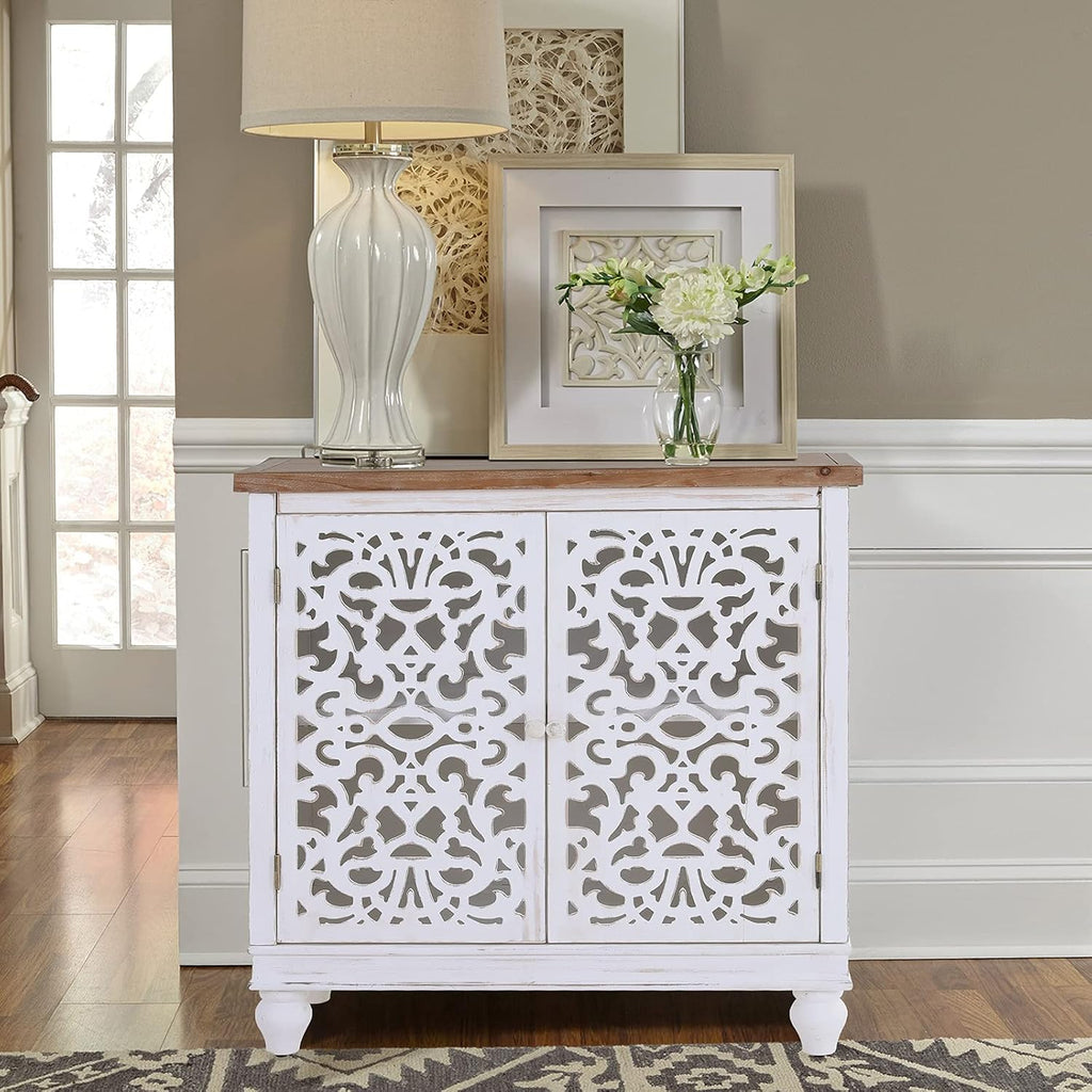 White Buffet & Sideboard Storage Cabinet with 2 Doors, Carved Pattern Doors D80692