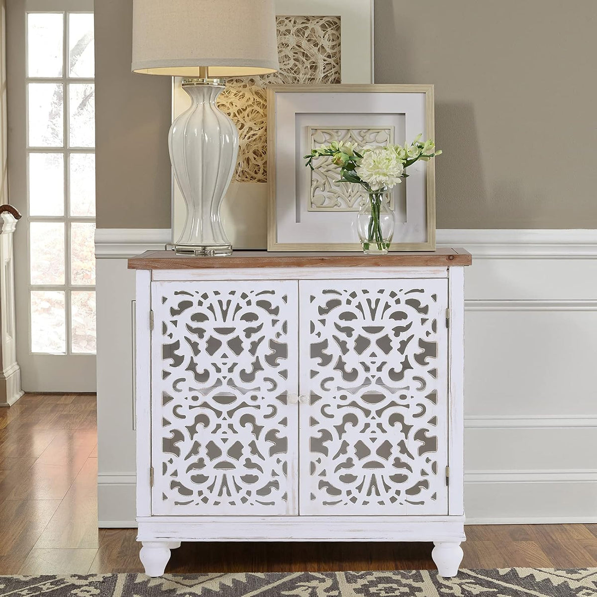 White Buffet & Sideboard Storage Cabinet with 2 Doors, Carved Pattern Doors D80692