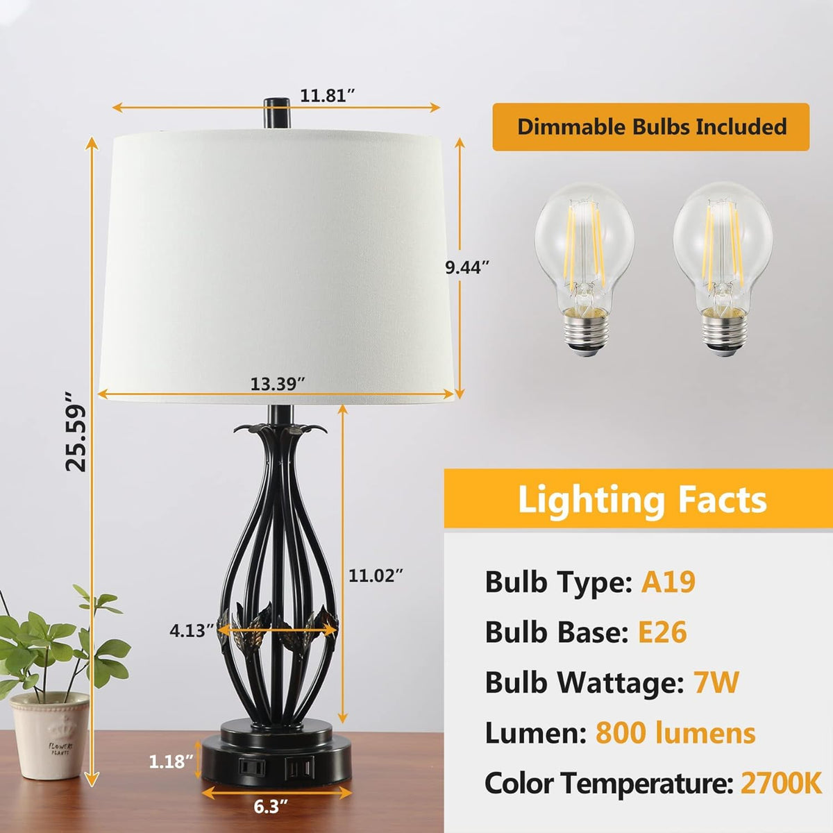 Table Lamp Set of 2, 3 Way Dimmable Touch with Dual USB Ports and AC Outlet F354525