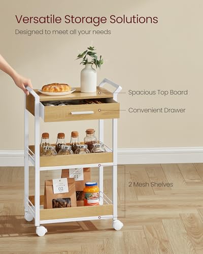 4-Tier Rolling Utility Cart with Table Top, Handles, Lockable Casters, Top Drawer, Mesh Shelves, Rustic Brown and Ink Black G685513