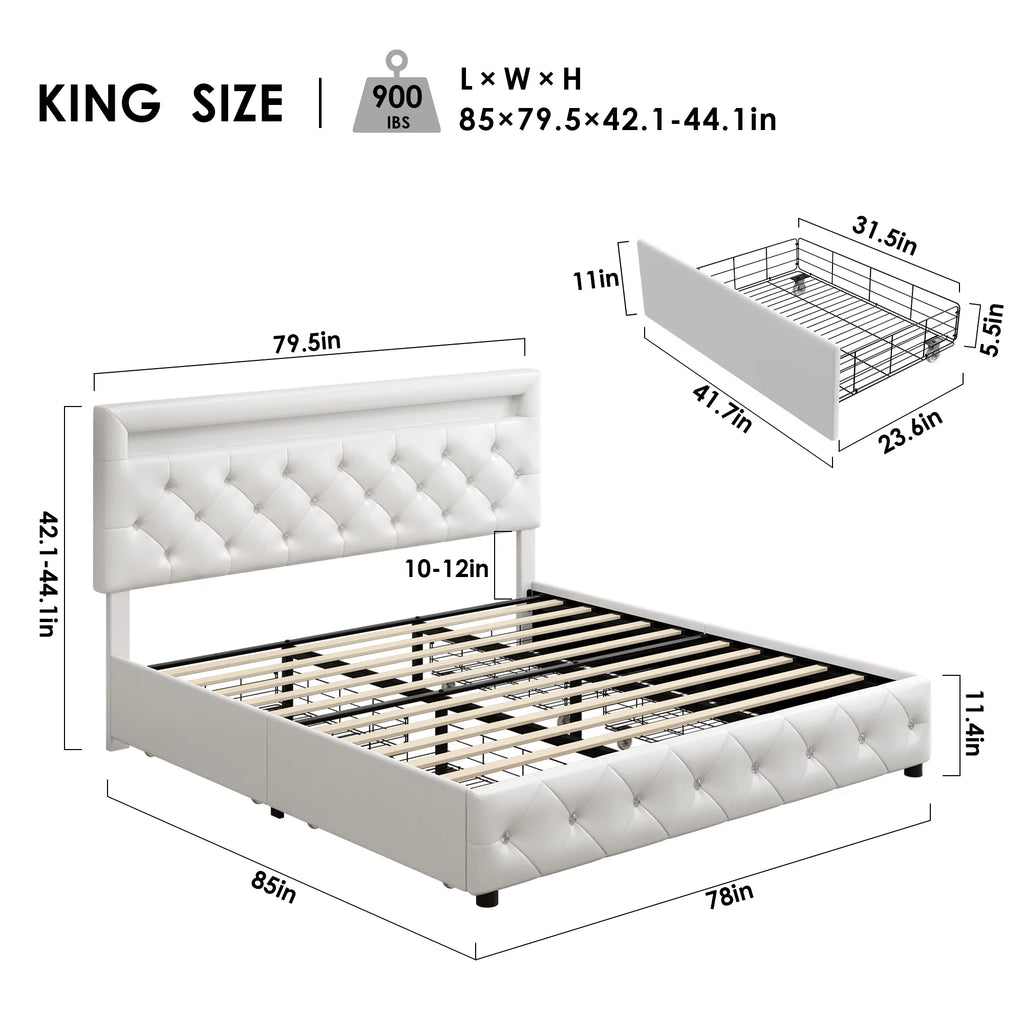 King LED Bed Frame with 4 Storage Drawer White O186