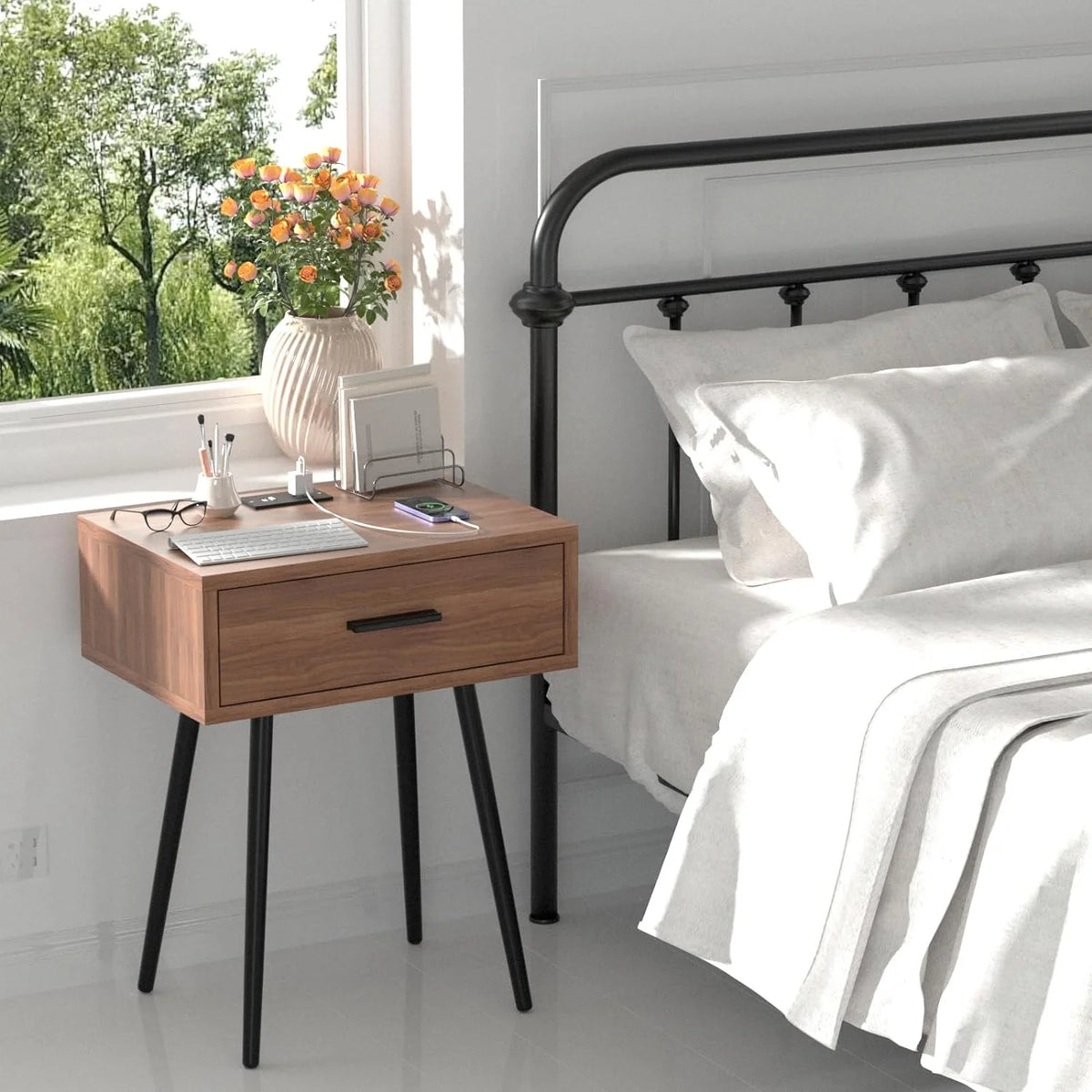 Walnut Nightstand with Charging Port and Wooden Drawers B535