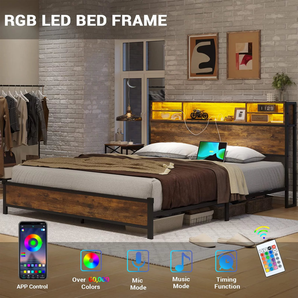 Rustic Brown Full Size Metal Platform Bed Frame with LED Headboard and USB Ports Z504032