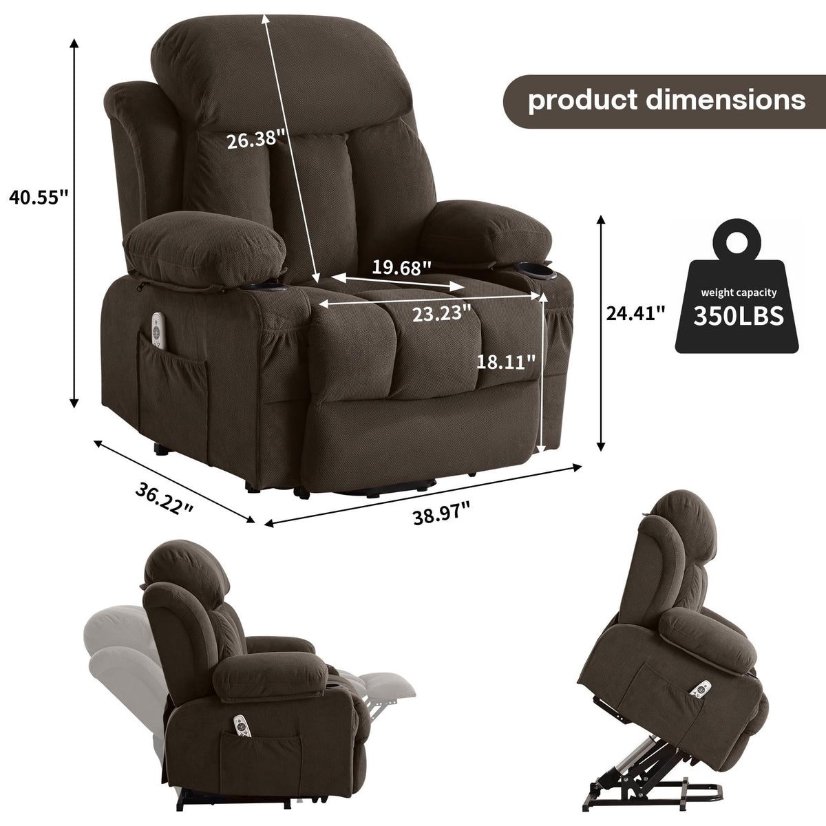 Brown PU Leather Power Lift Recliner Chair with Massage and Heating K36722