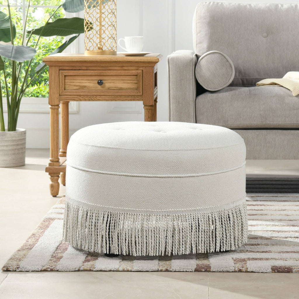 Off White Tufted Round Ottoman O287003