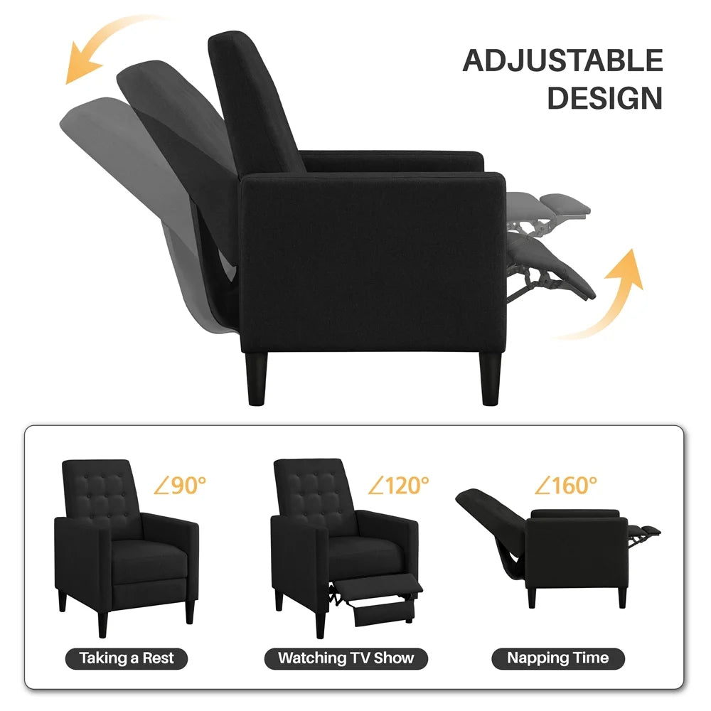 Black Fabric Tufted Recliner Chair with Adjustable Back & Footrest A546
