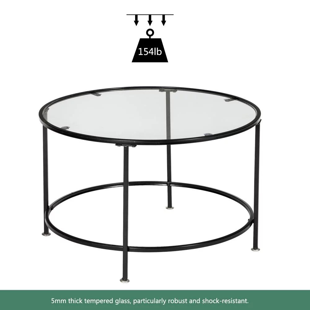 26" Round Glass Coffee Table with Black Iron Frame B54313