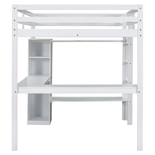Full Size White Wood Loft Bed with Desk and Shelves P44192