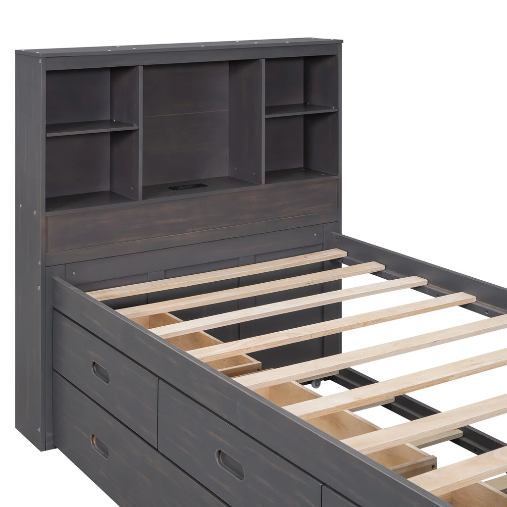 Twin Size Wood Platform Bed with Storage Headboard and Trundle V636762