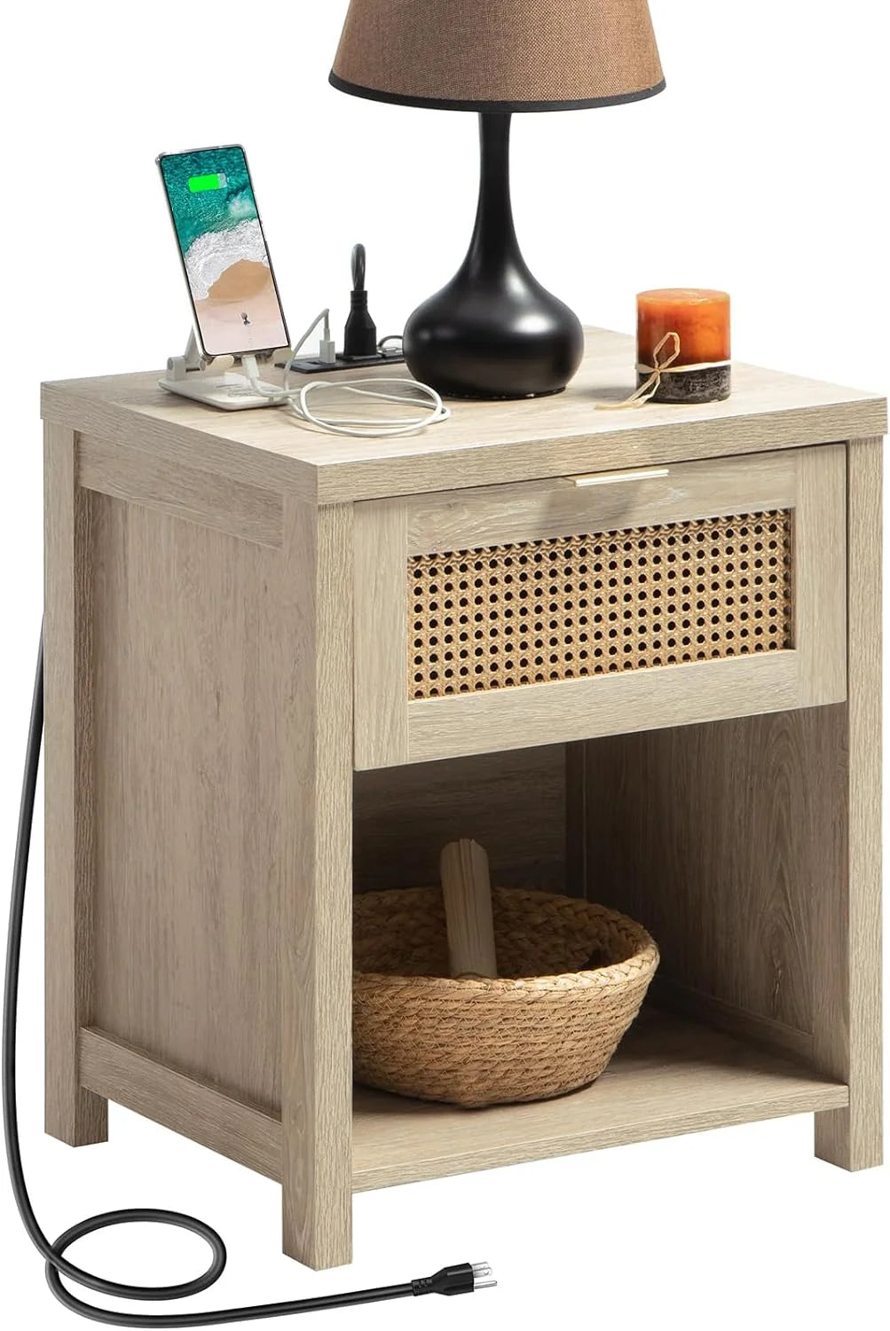 Farmhouse Nightstand with Charging Station Wood Drawer Accent Bedside Table with USB Ports Outlets End Table B359