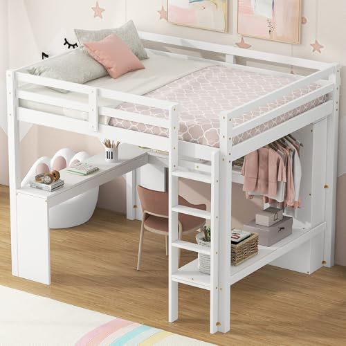 Full Size White Wood Loft Bed with Desk and Shelves P44192