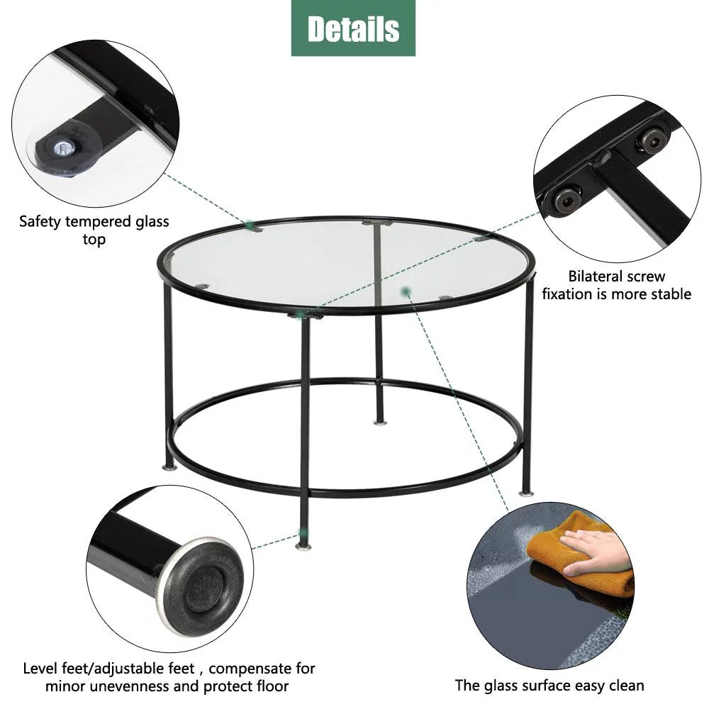 26" Round Glass Coffee Table with Black Iron Frame B54313