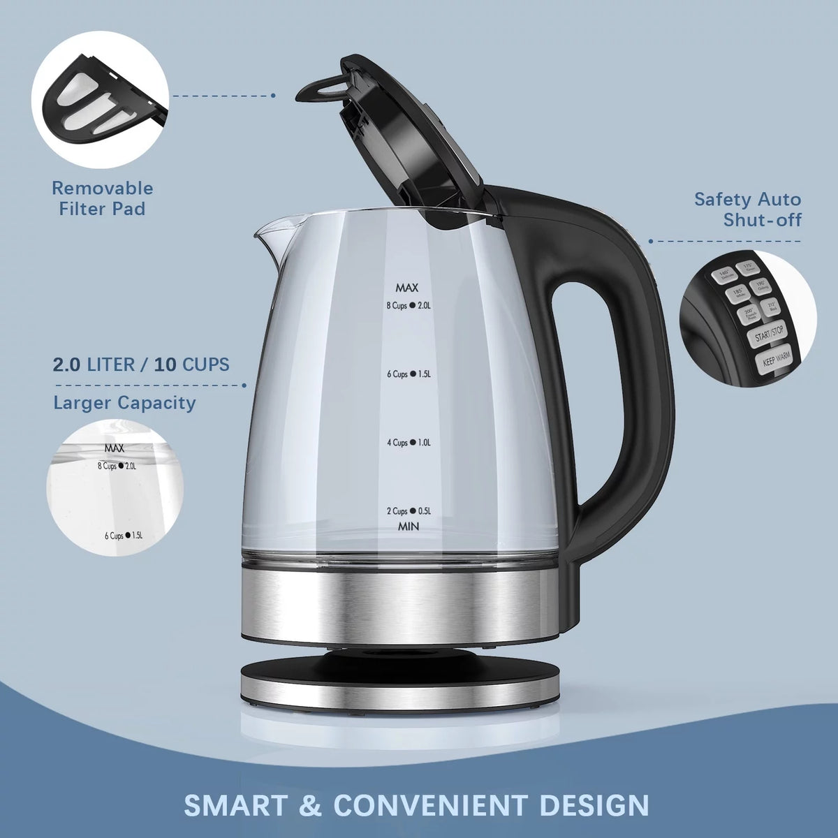 1200W 2.0L Glass Electric Kettle F974