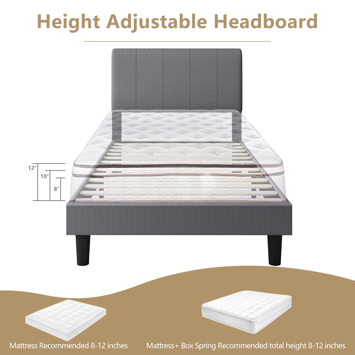 Gray Twin Upholstered Platform Bed Frame with Wood Slat Support Q94254