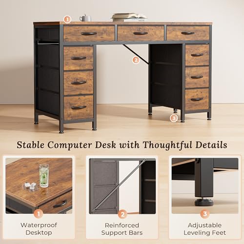 47 Inch Office Desk with Outlets and 9 Fabric Drawers S72028