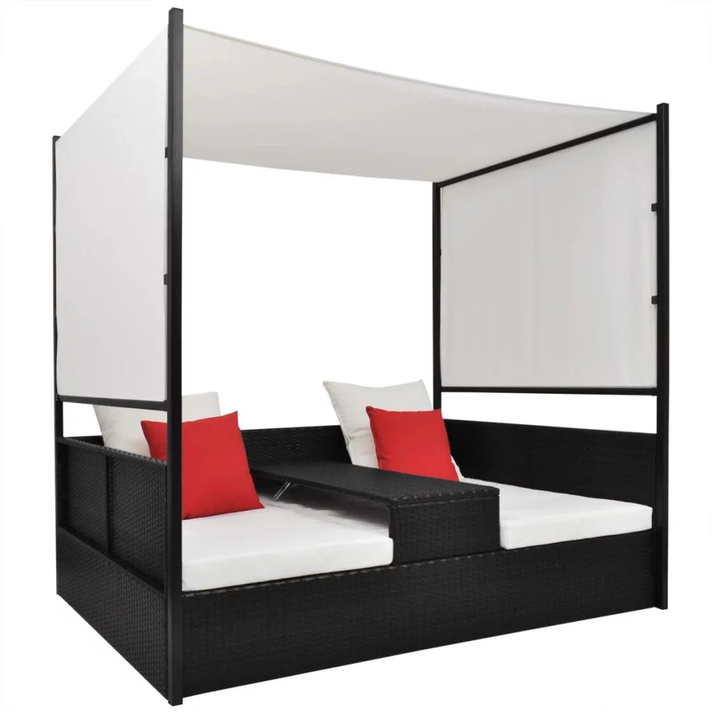 Black Poly Rattan Garden Bed with Canopy L226446