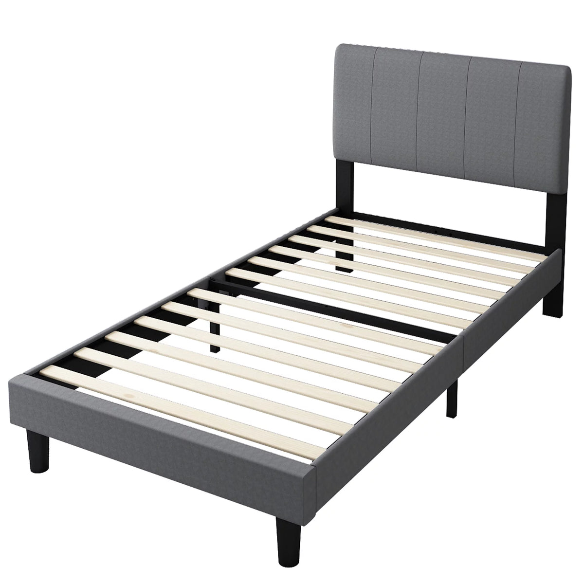 Gray Twin Upholstered Platform Bed Frame with Wood Slat Support Q94254