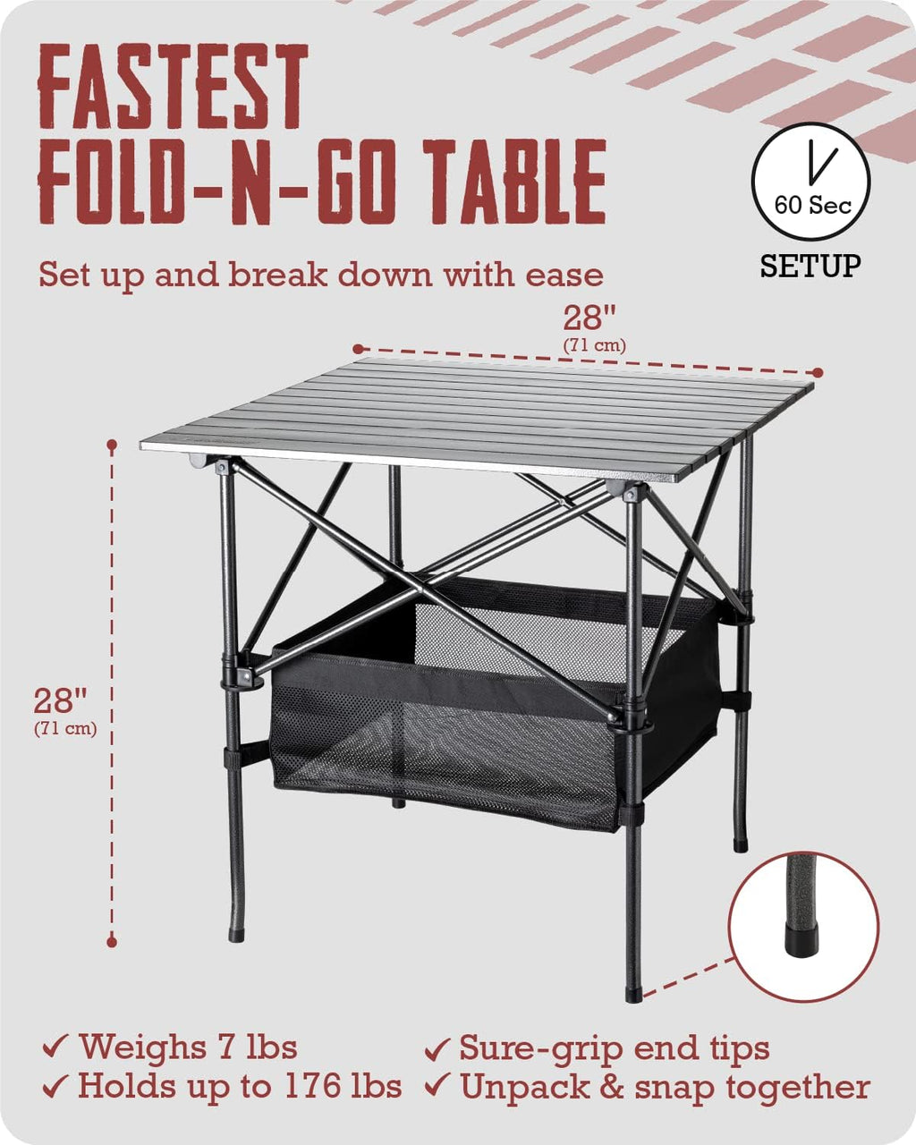 Aluminum Folding Camping Table with Carry Bag, 28in x 28in x 28in U296