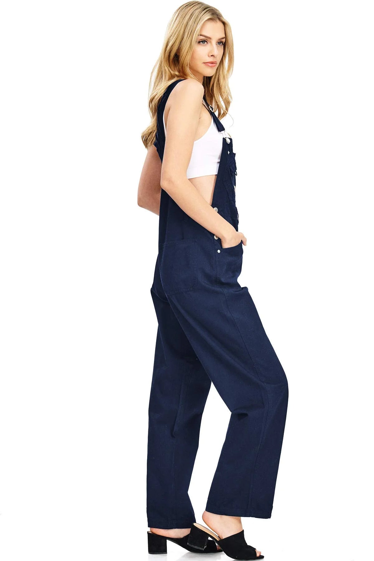 Navy Blue Baggy Straight Leg Twill Overalls V6567