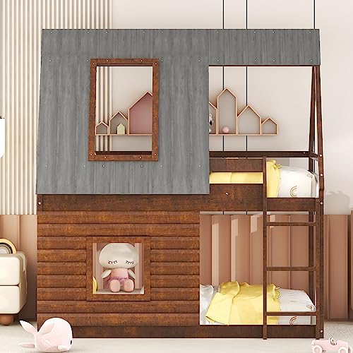 Oak & Smoky Grey Twin Over Twin Wood Bunk Bed with Roof and 2 Windows V40987