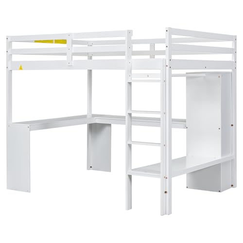Full Size White Wood Loft Bed with Desk and Shelves P44192