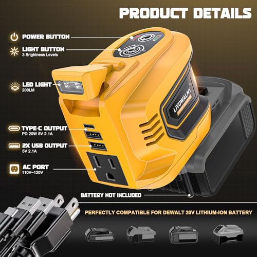 200W DC 20V to AC 110-120V Battery Inverter with 2 USB Ports, 1 Type-C, 1 AC Outlet Z338411