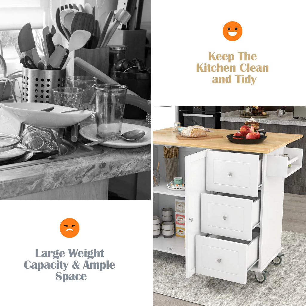 White Portable Kitchen Island with Drop Leaf and Storage R853