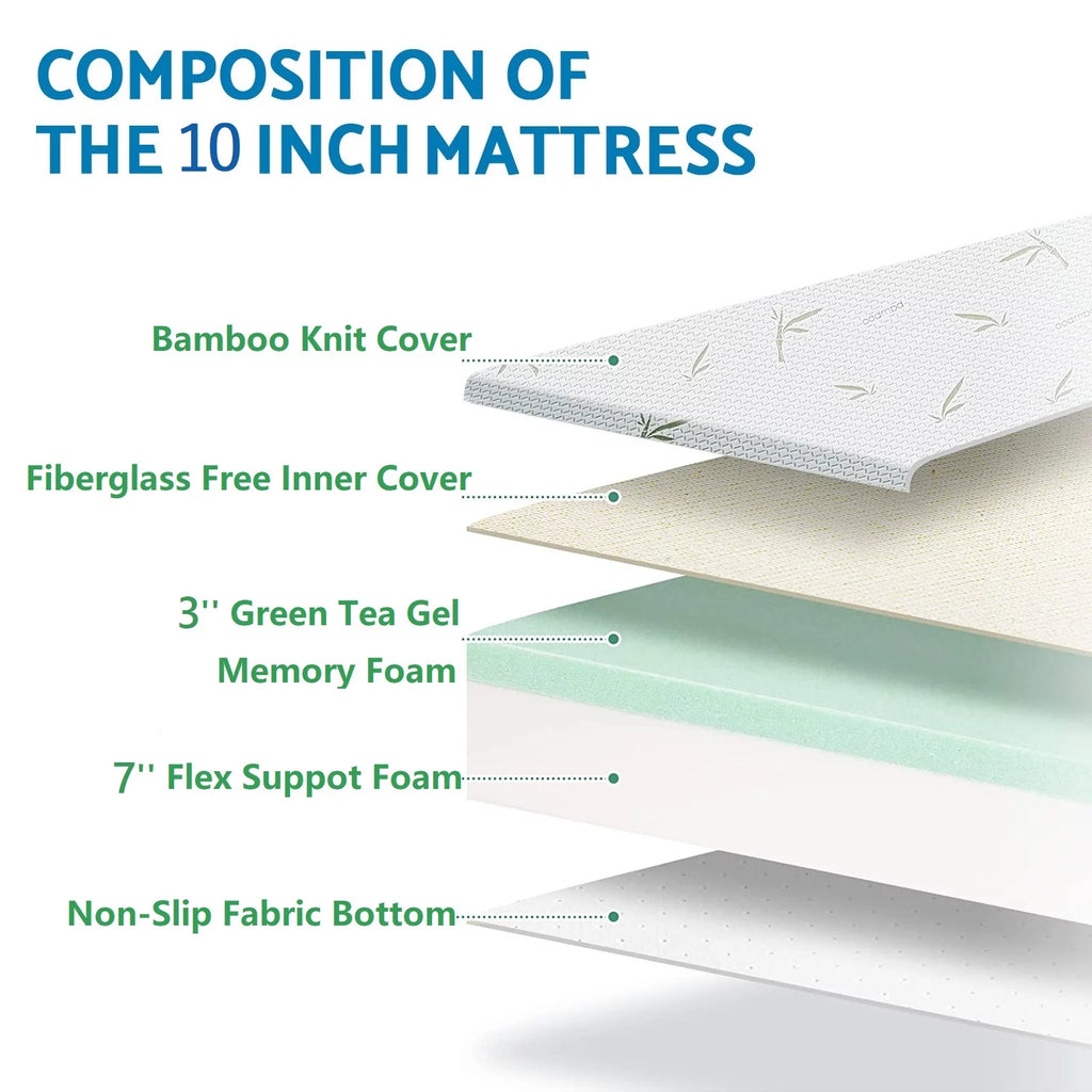 10 inch King Size Green Tea Gel Memory Foam Mattress with Bamboo Knit Cover X8765
