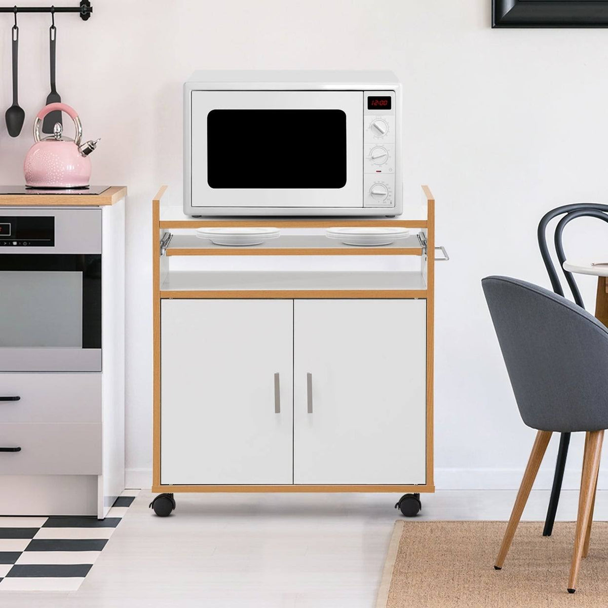 White Rolling Kitchen Trolley Microwave Cart Storage Cabinet with Removable Shelf G865