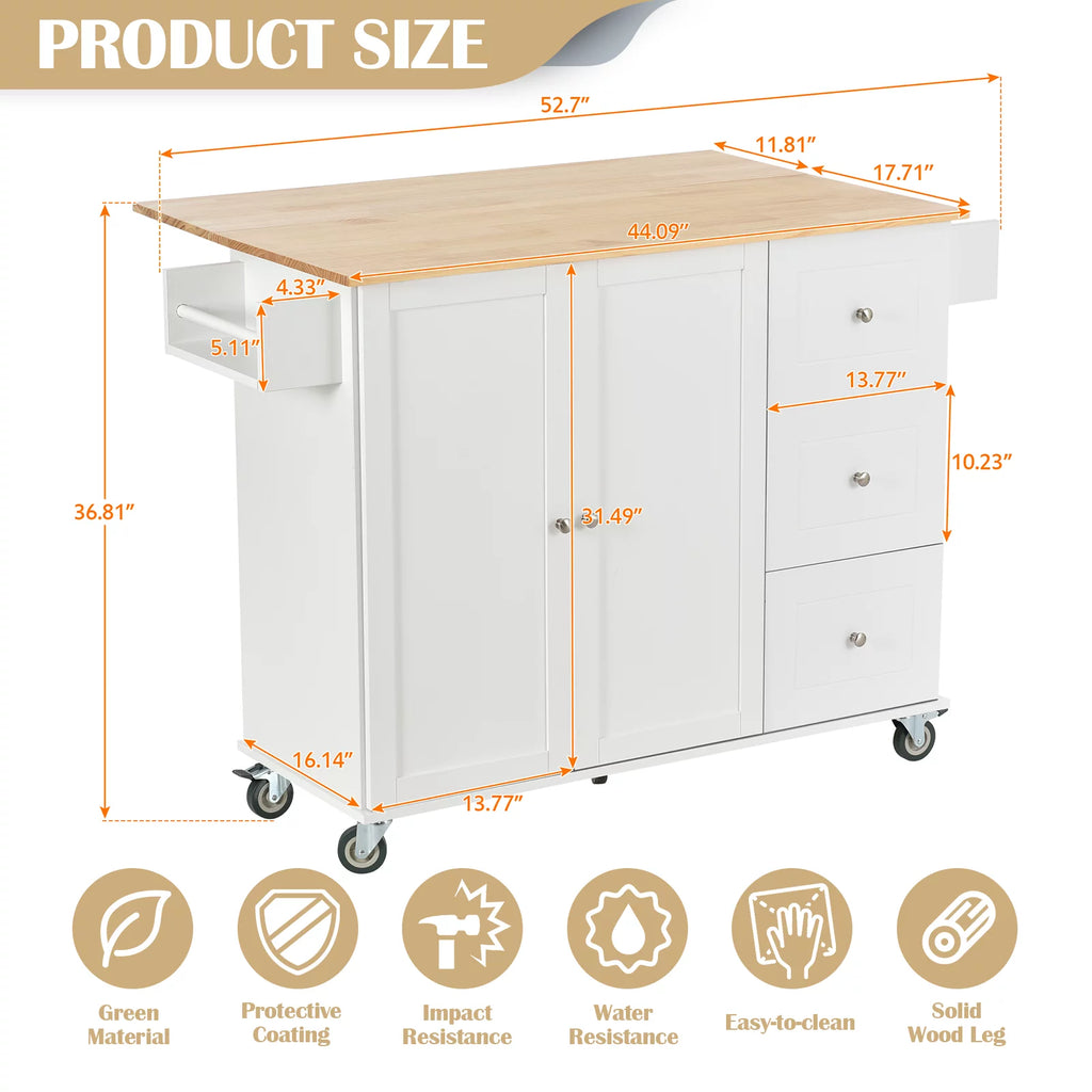 White Portable Kitchen Island with Drop Leaf and Storage R853