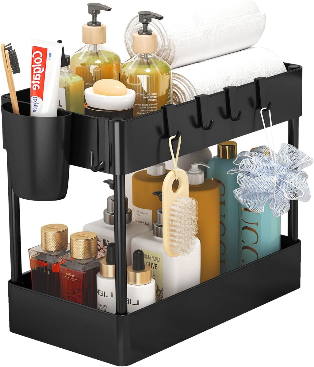 2 Tier Under Sink Rack Organizer with 6 Hooks, Black C9668