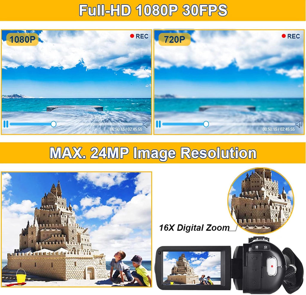 Video Camera Camcorder Full HD 1080P 30FPS 24.0 MP IR Night Vision 3.0 Inch IPS Screen 16X Zoom with 2 Batteries Q637