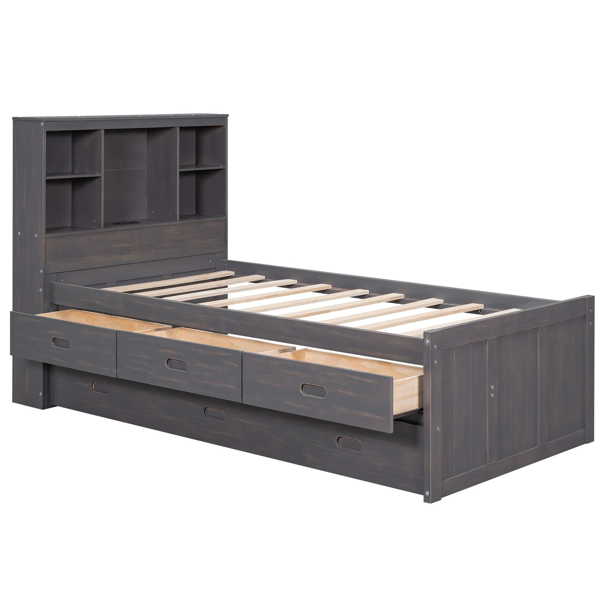 Twin Size Wood Platform Bed with Storage Headboard and Trundle V636762