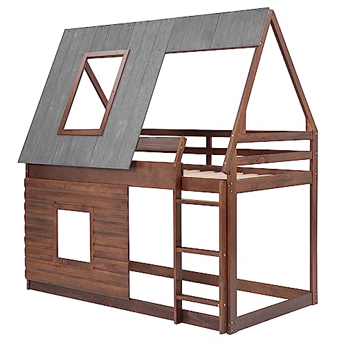 Oak & Smoky Grey Twin Over Twin Wood Bunk Bed with Roof and 2 Windows V40987