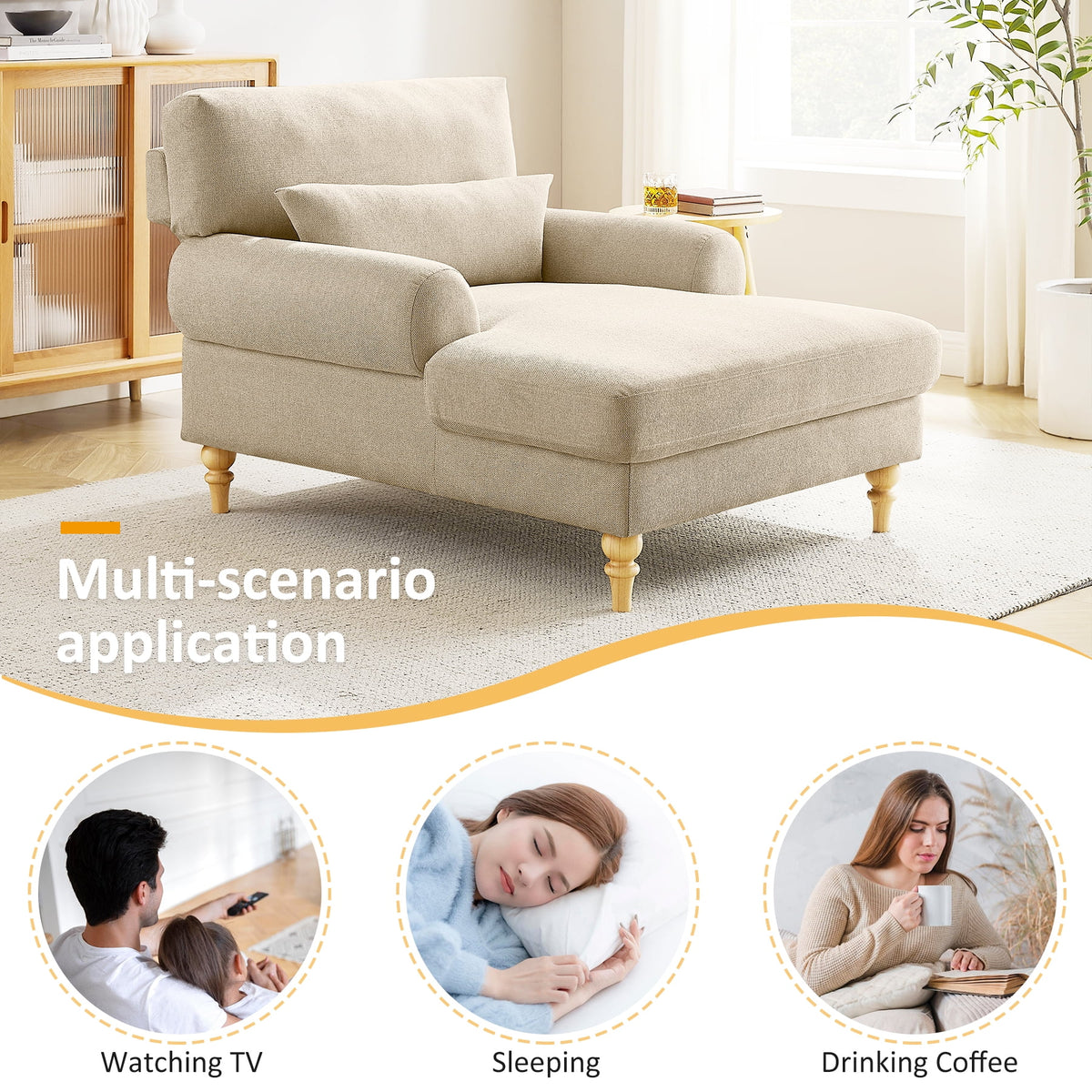 Beige White Linen Fabric Indoor Chaise Lounge Chair R793