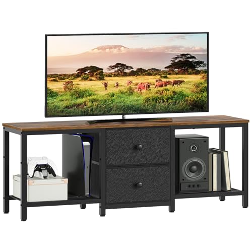 Rustic Brown and Black TV Stand with 2 Fabric Drawer J9543