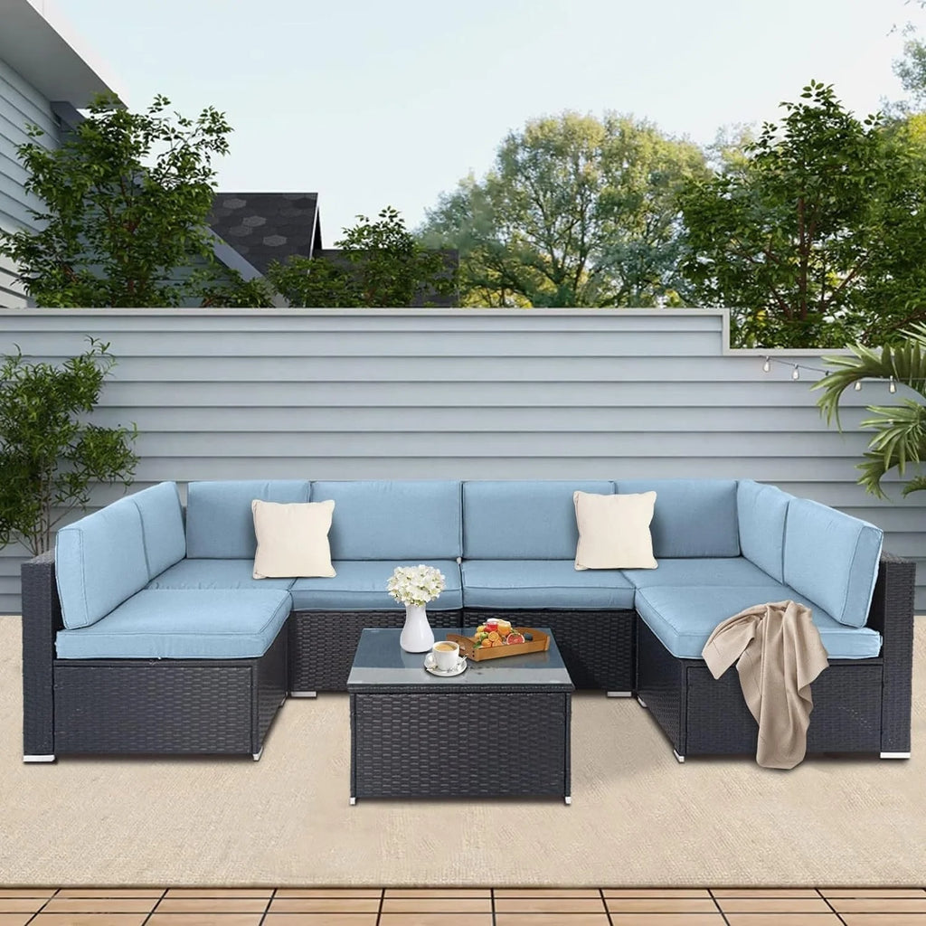 Black Wicker Rattan 7-piece Sectional Sofa Set U68899