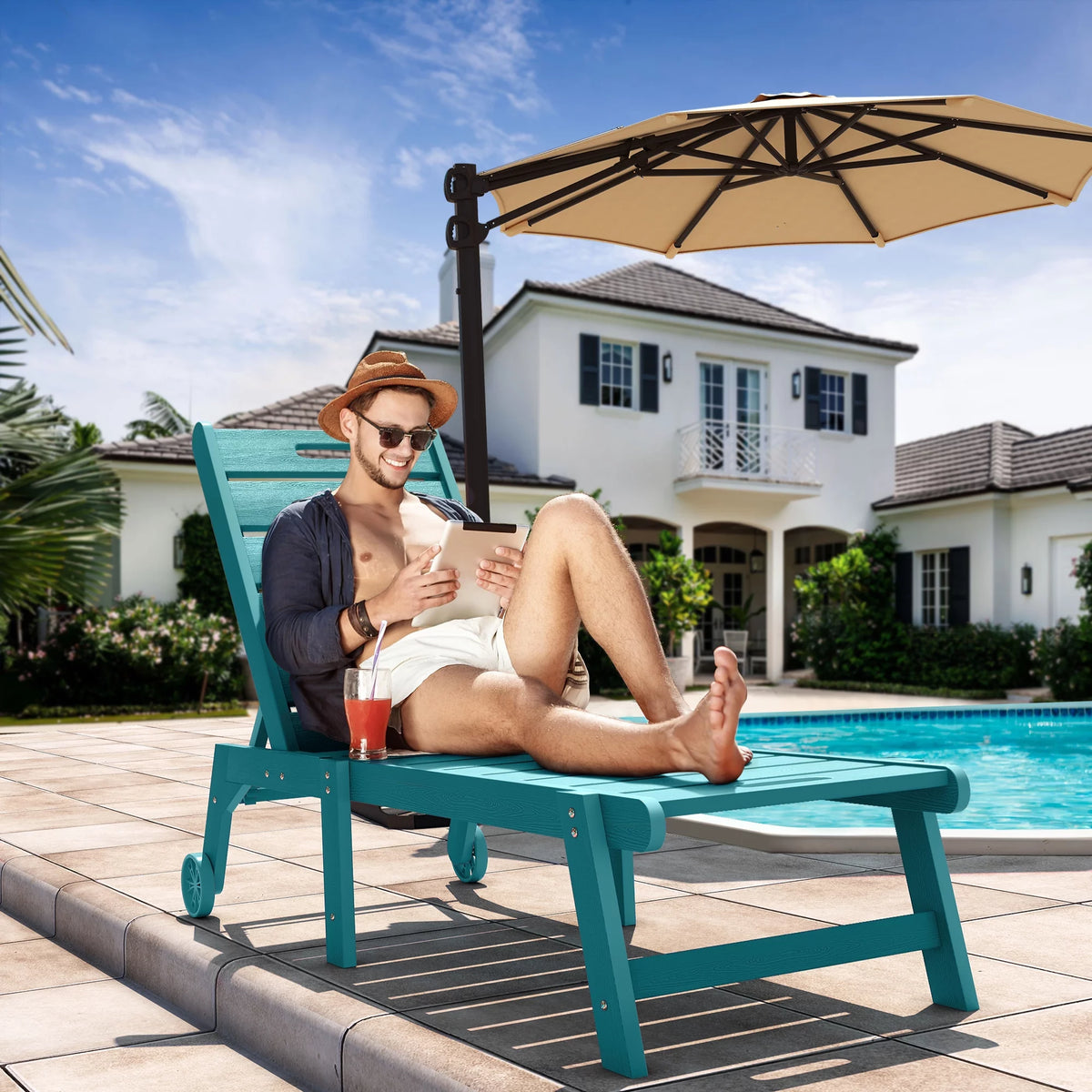 Blue 2 Pieces Patio Chaise Lounge Chairs with Wheels K52306