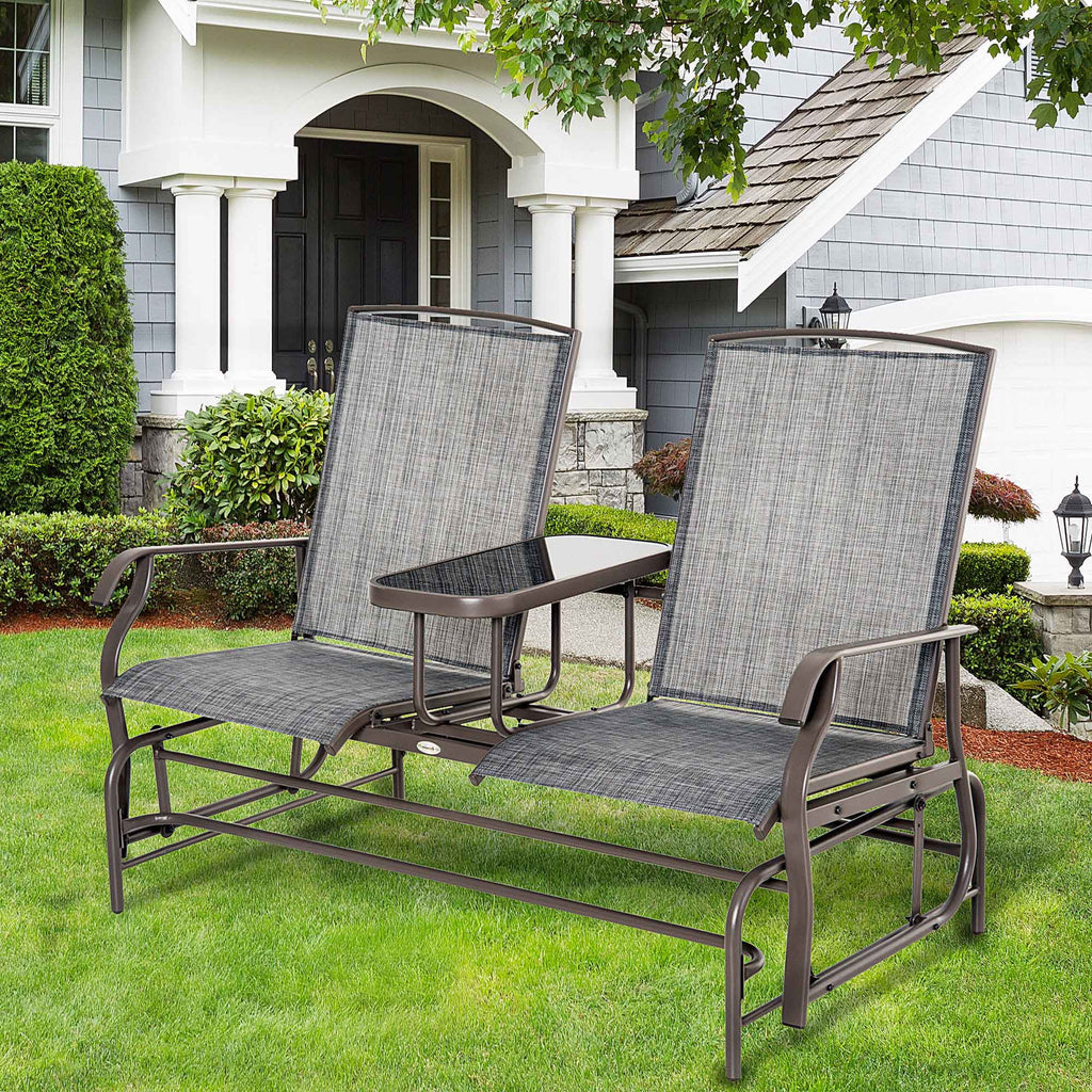 Gray Metal Frame Outdoor Glider Bench with Center Table Q66712