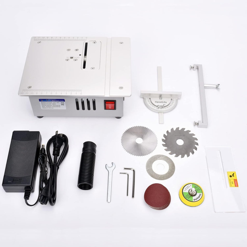 Mini Hobby Table Saw with Miter Gauge, 3 Inch HSS Alloy Steel Circular Saw Blade, Polishing Pad, 96W Power Supply A1113