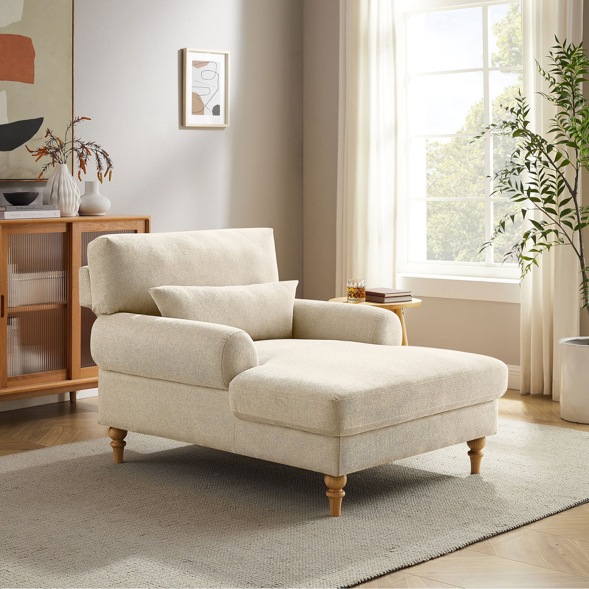 Beige White Linen Fabric Indoor Chaise Lounge Chair R793