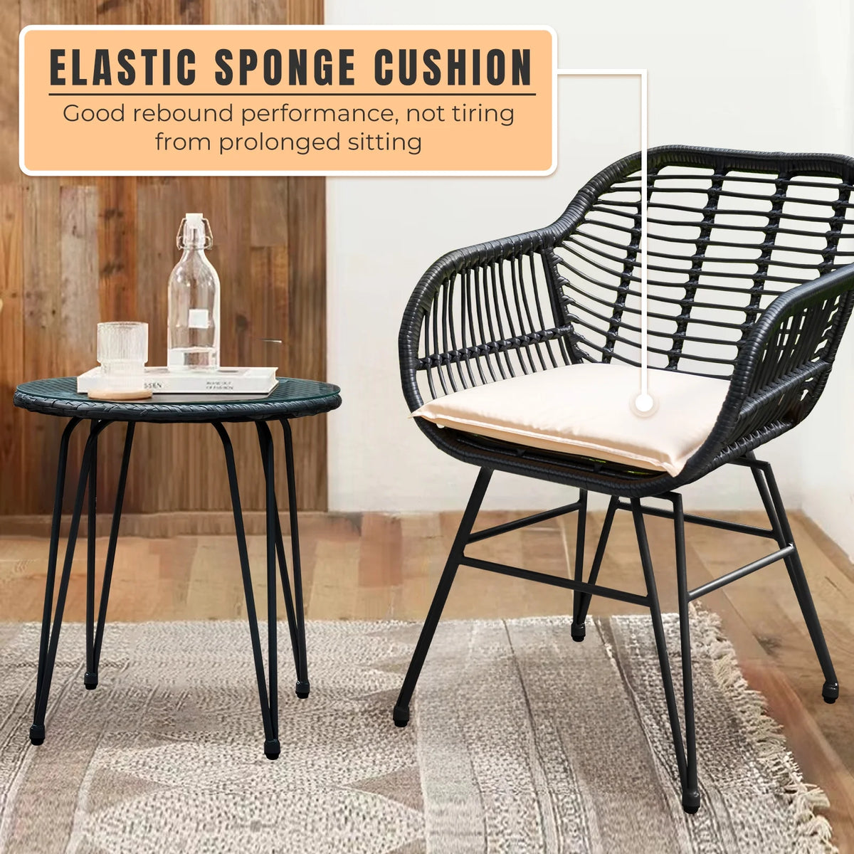 3 Piece Black PE Rattan Outdoor Wicker Bistro Set with Cushions H25269
