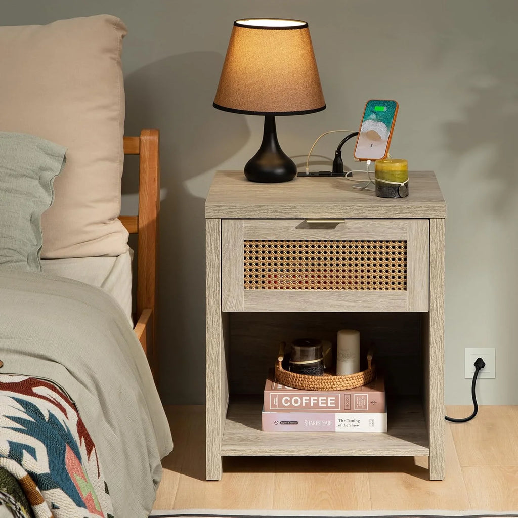 Farmhouse Nightstand with Charging Station Wood Drawer Accent Bedside Table with USB Ports Outlets End Table B359