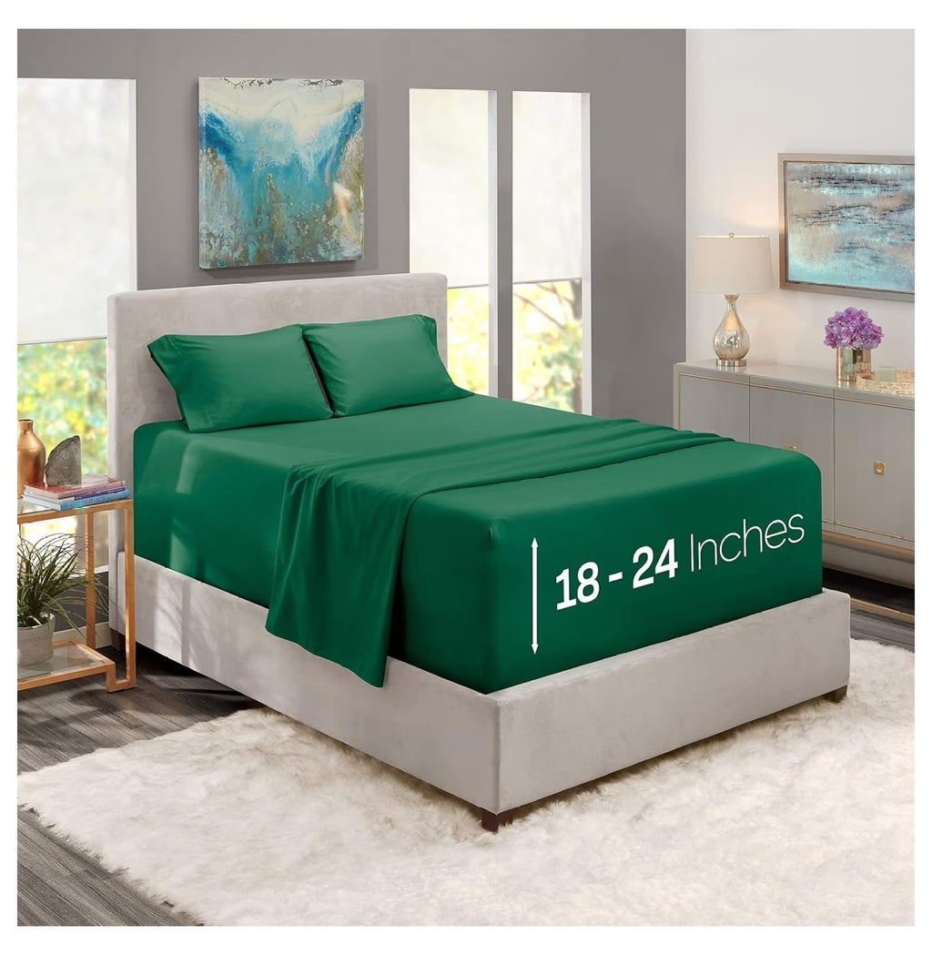 Green 4 Piece Queen Size Extra Deep Pocket Sheets I67347
